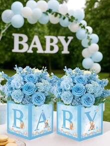 4 件蓝色小熊图案花朵婴儿洗礼中心装饰盒，带有“BABY”字母（不含花朵），可爱蓝色小熊主题图案性别揭秘派对新生儿派对装饰品，1 岁生日派对花盒中心装饰，带字母的乡村风格桌面展示，非常适合婴儿洗礼，性别揭秘派对小礼品，桌面中心装饰，迎婴派对礼物 - 藍色小熊 - 查看 3