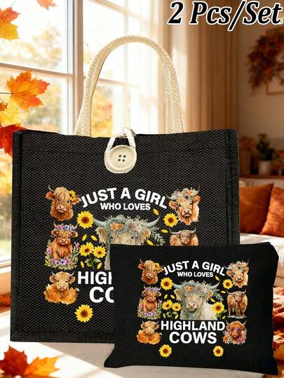 Schottischer Buffalo Damen Tragetasche Set, Kranz Krone Design, Hochlandrinder, Gänseblümchen, Text "Nur ein Mädchen, das Highland Kühe liebt", exquisiter schottischer Druck, einzigartiges Design, große Kapazität, multifunktionale Aufbewahrungstasche, Einkaufstasche, Heimdekoration, Party- und Weihnachtsaufbewahrung