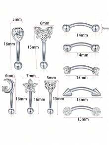 10pcs 16G Stainless Steel Rook Daith Earrings Belly Lip Ring Eyebrow Studs Cartilage Tragus Cubic Zirconia Barbell Body Piercing 8mm (5/16")