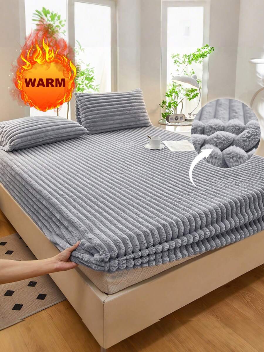 1 قطعة مفرش سرير مخطط من الفليس مبطن ودافئ، طقم مفرش سرير، غطاء واقي للمرتبة فاخر ناعم وممتع للنوم، مناسب للغرف النوم والنزلاء والضيوف في فصول الخريف والشتاء والربيع، يناسب أحجام السرير التوأم والكامل والملكي والملكي الكبير