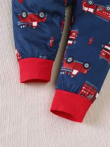 BrownBark 2 件套男童卡通卡车印花圆领长袖上衣和裤子套装，柔软舒适休闲男童儿童服装，适合日常休闲外出 - 藏蓝色 - 查看 7