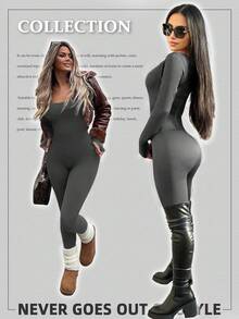 Yefecy Women's Soft Stretch Ribbed Jumpsuit - Long Sleeve Tight-Fitting One-Piece For Yoga Practice