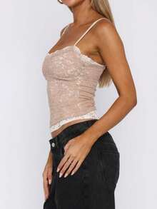 Women Y2k Lace Floral Camisole Patchwork Spaghetti Strap Crop Tank Tops Sleeveless Backless Tank Tops Open Back Going Out Tops Slim Fitted Shirt Basic Tees Club Streetwear Aesthetic Clothes - 卡其色 - 查看 5