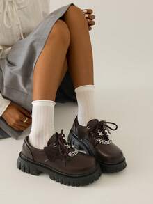 1 Pair Solid Color Casual PU Leather Bat Wing Halloween Flats, Black Versatile Round Toe Thick Sole Retro Mary Jane Shoes For Women - Brown - View 10