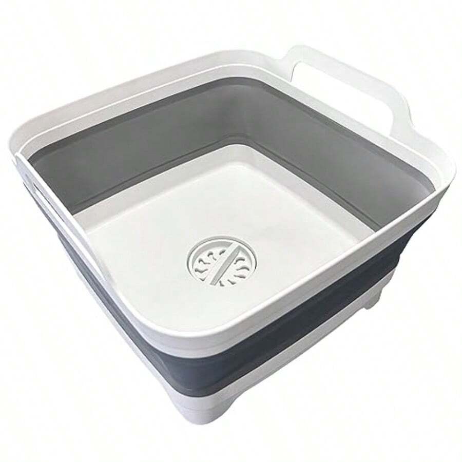 9L 2.4Gal Dish Basin Collapsible With Drain Plug Carry HandlesKitchen Storage Tray Dish Wash Basin Portable Dish Tub Foldable Dishpan For Camping RV Gray - 灰色的 - 查看 1