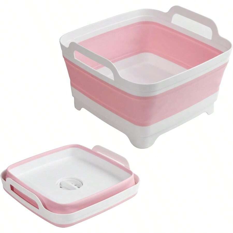 Collapsible Dish Basin 2.4Gal/9L Foldable Kitchen Sink Tub With Drain Plug Wash Basin For Dishes Fruits Bottles SpaceSaving For RVs Camping And Laundry Gray - 粉色 - 查看 1