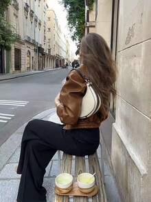 Manneqi 复古美式休闲时尚翻领拉链卡其棕色皮夹克女短款外套 - 卡其棕 - 查看 2