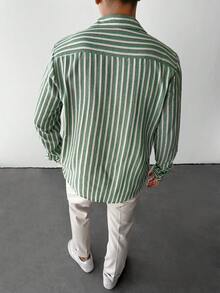 男士纹理条纹休闲长袖衬衫，秋季款 - 綠色 - 查看 6
