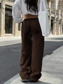 Sulojter Casual Loose Solid Color Elastic Waist Sweatpants - Coffee Brown - View 5