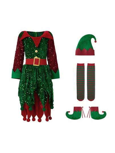 Kids Christmas Costumes, Girls Boys Elf Costume, Sequined Elf Dress Shoes Stockings And Hat 4 Pcs Set