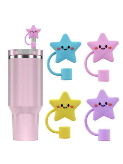 4个装吸管盖，适用于40盎司和30盎司的杯子，10毫米可重复使用，可爱吸管装饰配件，便携式保护塞，派对礼物，可爱卡通吸管防尘盖，兼容斯坦利杯配件，紫色、粉色、黄色、蓝色