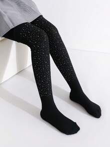 4 pares de mallas/leggings de niña con rayas verticales sólidas y brillantes de rhinestone, estilo elegante y de princesa para uso diario y festivo - Multicolor - Ver 11