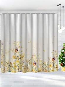 4 piezas Juego de baño con estampado floral amarillo, incluye alfombra antideslizante, tapa de inodoro, tapete de baño, cortina de ducha impermeable con 12 ganchos de plástico, decoración de baño, decoración del hogar, decoración navideña