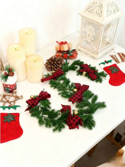 1pc Christmas Artificial Vines, Fake Green Leaves Vines Gold Xmas Balls Black & Red Bow Vines, Faux Leaves Greenery Plants Xmas Ornaments, For Garden Decor, Home Decor Living Room, Room ,Bedroom Decor, Outdoor Xmas Decoration, Art Wall Christmas Decorations Winter