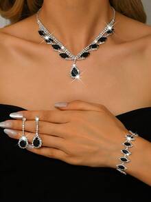 Set de joyas de moda de 3 piezas/4 piezas, collar, pendientes y pulsera de piedras preciosas negras, perfecto para fiestas y ocasiones especiales de mujeres - conjunto de joyas de cuatro piezas - Ver 15