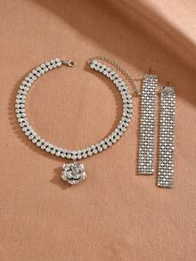 3pcs Sparkling Crystal Flower Necklace & Earrings Set, Suitable For Women, Formal Events, Parties, Christmas, Valentine's Day, Pair With Evening Gowns