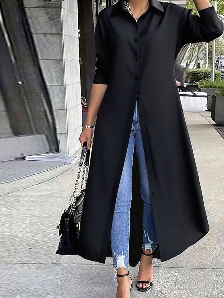 Keke Bloomly, świąteczny, modny, czarny, damski kardigan z długim rękawem, zdobiony guzikami z przodu, luźna sukienka imprezowa w dużym rozmiarze - Czarne - Zobacz 1