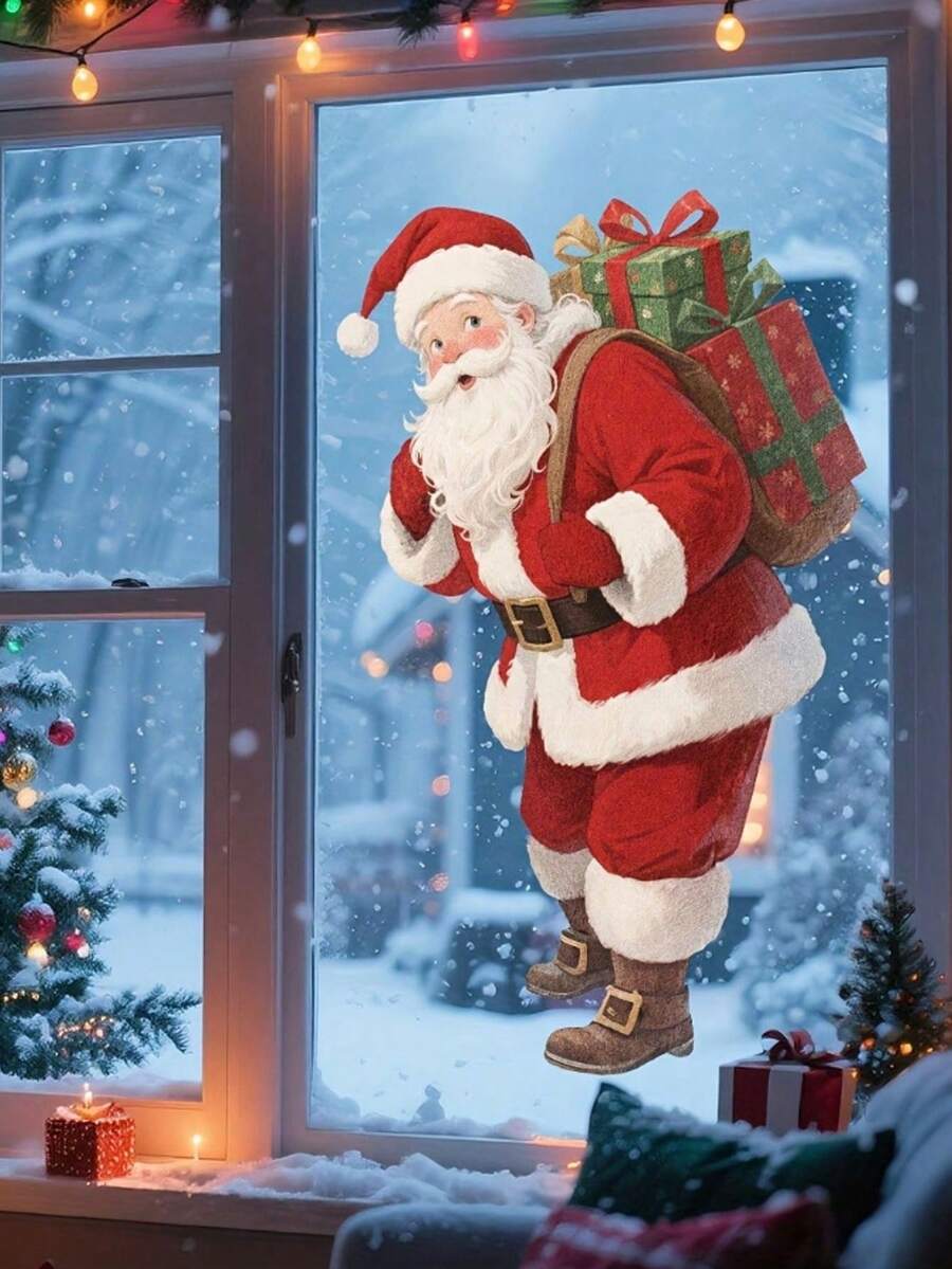 1 pièce Autocollant de fenêtre statique Père Noël, Décoration de Noël à fixation statique, avec motif Père Noël et cadeau, sans résidu, autocollant amovible pour porte et fenêtre de la maison, facile à appliquer, en matériau PVC, décoration de Noël, convient pour la décoration de Noël, les cadeaux de Noël, la décoration de la maison pour Noël, la décoration saisonnière, les fournitures pour fête de Noël, la décoration intérieure pour les fêtes, des fournitures de décoration de Noël parfaites