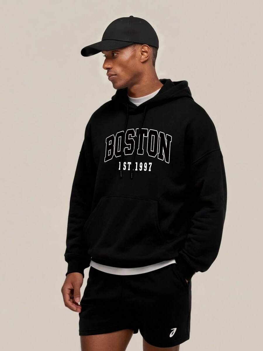 Sudadera casual de uso diario para hombre con estampado de letras y números, hombros caídos, corte holgado, bolsillo, cordón, forro térmico, otoño/invierno