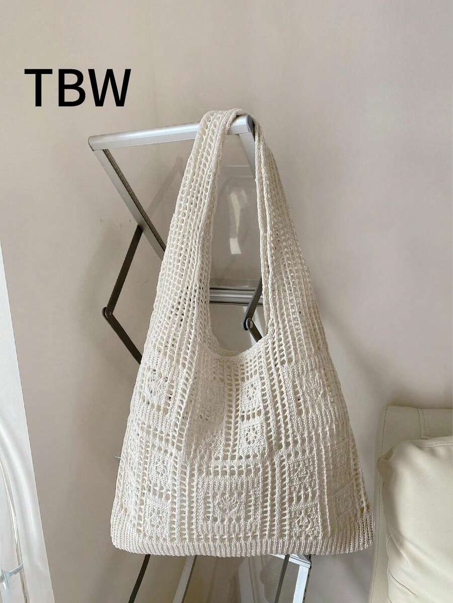Women's Crocheted Tote Bag, Hollow Solid Color, Vacation Style For Going Out Shopping. , Crochet - Beige - View 1