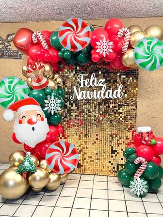 3/8-delars julkransbågsballongset, inkluderar folieballong med jultomten, röda och gröna vindsnurrgodisballonger, minijulstrumpor, renhorn, röd polkagrisstång, folieballong med julgran, silver- och vita snöflingor, lämplig för julfest, juldekoration, födelsedagsfest med jultema, vintertemafest, vinterheminredning, inomhus- och utomhusdekoration, julafton, nyårsfestdekoration, nyår, firande