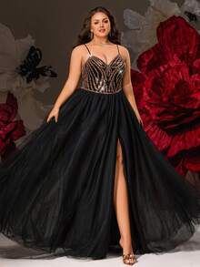 VIPGIRL Große Größen Schwarzes Pailletten-Mesh-Slip-Kleid mit transparentem Rocksaum, elegantes langes Abendkleid für kurvige Frauen, ideal für Galas, formelle Abende oder glamouröse Anlässe - Schwarz - Übersicht 6