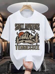 Camiseta gráfica para hombres del Parque Nacional Great Smoky Mountains de Tennessee - Suave 100% algodón, ajuste relajado, camiseta de manga corta para uso casual, gimnasio y al aire libre - Comodidad para todas las estaciones, ropa para todas las temporadas, estampado inspirado en la naturaleza, material no transparente, ropa de verano, top moderno, tela transpirable, top cómodo, para usuarios casuales - Blanco - Ver 1