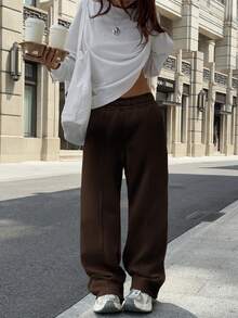 Sulojter Casual Loose Solid Color Elastic Waist Sweatpants - Coffee Brown - View 4