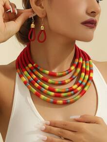 Handmade Multilayer Beaded Woven Exaggerated Bohemian European & American Style Chain Statement Necklace And Earrings Set With Zinc Alloy Magnetic Clasps, For Party/Holiday