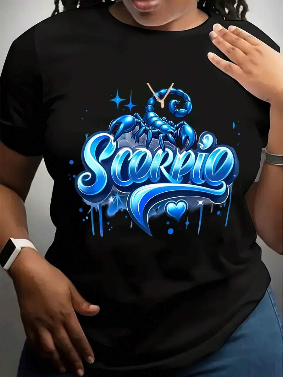 Women's Scorpio Zodiac Graphic T-Shirt, With Scorpion Design, October And November Birthday T-Shirts, Short Sleeve Crew Neck Casual Top, Medium Stretch, Machine Washable, All-Season, Seasonal Fashion, Stylish Top, Stretchy Material, Printed Shirt, Astrology Lovers, 220g
