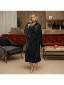 Flannel Plain Weave Hooded Bathrobe, Soft, Comfortable, And Warm Women's Nightgown, Short-Length Terry Cloth Shawl-Collar Bathrobe - 黑色 - 查看 3