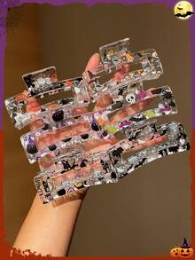 6pcs Women Halloween Pumpkin Head Ghost Print Square Hair Clip, Cute Non-Slip Thick Hair Clip, Suitable For Holiday Party Decoration, Performance Props, Day Of The Dead Party, Halloween Hair Accessories Elegant Claw Clip Winter Hair Clutch