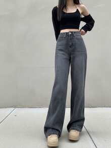 Women's High Waist Pocketed Wide Leg Loose Casual Versatile Jeans, Autumn - Dark Grey - View 4