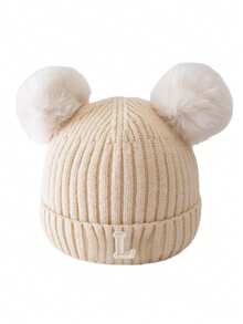 1 件 A-Z 0-3 岁冬季保暖双层加厚婴儿羊毛针织帽新生儿帽子双绒球可爱帽子适合儿童男童女童儿童无檐帽 - 米色 - 查看 7