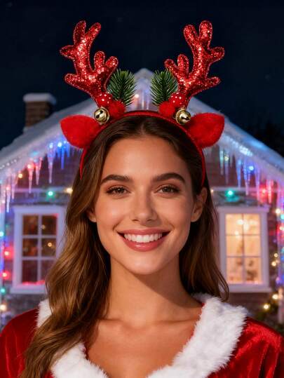 1pc Reindeer Antler Headband, Red Christmas Party Hair Accessory, Hair Band, Hair Hoop ,Hairband For Women