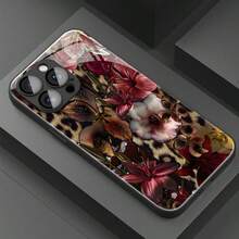 Shockproof Floral Element 1pc Vintage Leopard & Floral Interwoven Pattern Glass Material Phone Case High-End & Elegant Compatible With Iphone Tempered Glass Material Spring Gift - Black - View 2