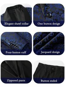 3 Pcs Men Suit Jacquard Blazer Jacket Pants Necktie Shawl Collar Floral Pattern Flap Pockets For Wedding Evening Party Banquet Classic Style - Màu xanh lam - Xem 3