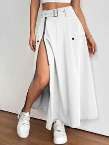 Saia feminina branca lisa, minimalista, casual e elegante, com bolso e zíper, para a primavera. - Branco - Ver 5