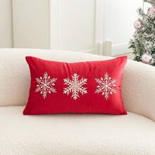 1 pièce Housse de coussin de Noël avec broderie flocon de neige rouge, pour la décoration intérieure, taie d'oreiller décorative de Noël, sans rembourrage inclus