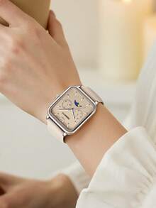 1 件女士方形简约时尚硅胶表带石英手表，适合日常佩戴 - 米色 - 查看 4