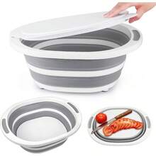 Collapsible BBQ Prep Tub With Lid 7.5L Bottle Wash Basin With Drain Plug Chopping Board Colander For Kitchen Portable Camping Sink Dish Basin Folding Dish Pan Storage Basket Picnic BBQ Accessories - 帶蓋 - 查看 1