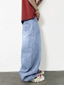 1 pieza Pantalones vaqueros anchos y sueltos con decoración de flores hechos a mano y lavado vintage de Justice Brother para hombres (cinturón y accesorios no incluidos) - Azul - Ver 6