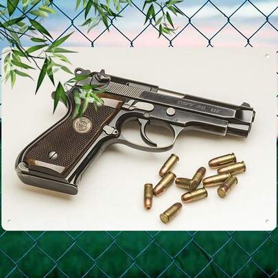 2D Real 17 Modelo de metal con acabado de grano de madera y balas - Réplica de pistola realista para el hogar, bar, sala de juegos y decoración para entusiastas militares | Estilo de cartel de hojalata vintage, decoración de habitación perfecta, modelo de arma decorativa | Exhibición de armas.