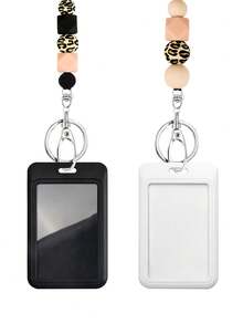 1pc Cute Leopard Print Silicone Bead Teacher Lanyard For ID Card Holder, Keychain And Key, Black And White Gray Neck Keychain Silicone Bead With Cell Phone Lanyard, Good Gift For Women, Students And Office Workers