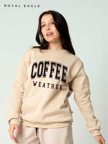 Moletom Careca Coffee Weather (FRENTE) Gola Redonda Casaco Masculino Feminino Flanelado Unissex Inverno Frio Algodão Blusa - Bege - Visão 2