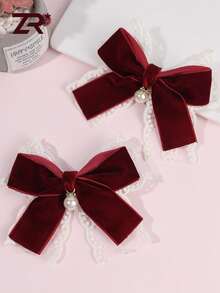 2 pièces Élégants Clips à Cheveux en Velours Bordeaux, Convenant aux Filles et Adolescentes, Accessoires Cheveux Décorés de Dentelle et Faux Perles, Cadeau du Nouvel An, Cadeau pour Femmes, Décoration de Noël, Accessoires pour la Tête - Rouge foncé - Voir 1