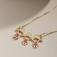 Delicate Women's Necklace With Children's, Boy's And Girl's Pendants, Plated In 18K Gold And 925 Silver With Zirconias - 3 menina (Ouro) - 查看 2