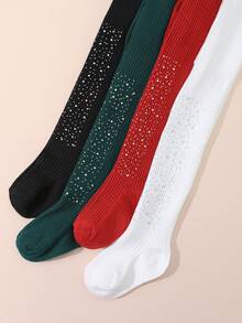 4 pares de mallas/leggings de niña con rayas verticales sólidas y brillantes de rhinestone, estilo elegante y de princesa para uso diario y festivo - Multicolor - Ver 7