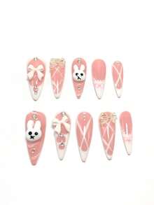 10 Pieces Made By Hand, 3.3 Cm Square Wearable Nail Art, Beach Essentials, Nail Patch, Press-On Nails, Nails, Supplies, Summer Nails, Press-On Acrylic Nails, Long Nails, Rabbit, Dragonfly, Bow, Rhinestone, Three-Dimensional Design, French Style Handmade Press On Nails - Multicolor - View 3
