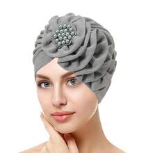 Sombrero turbante elegante con flores y perlas para mujeres 2025 - Gorro elástico suave para quimioterapia, cobertura de cabello para uso diario, pañuelo bohemio vintage para cuidado del cabello y accesorio de fiesta